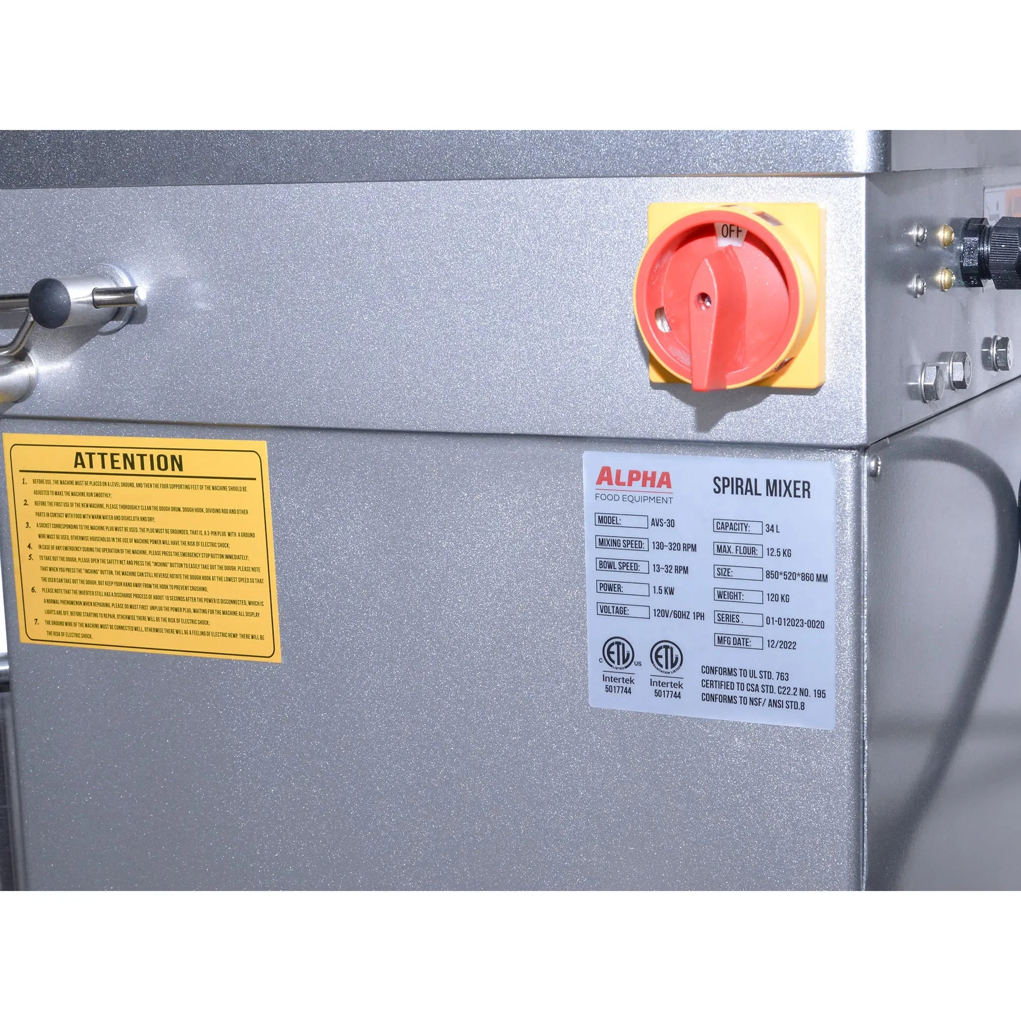 Alpha AVS-30 Ten Speed Commercial Spiral Mixer - 30Qt Capacity, 120V - Image 5