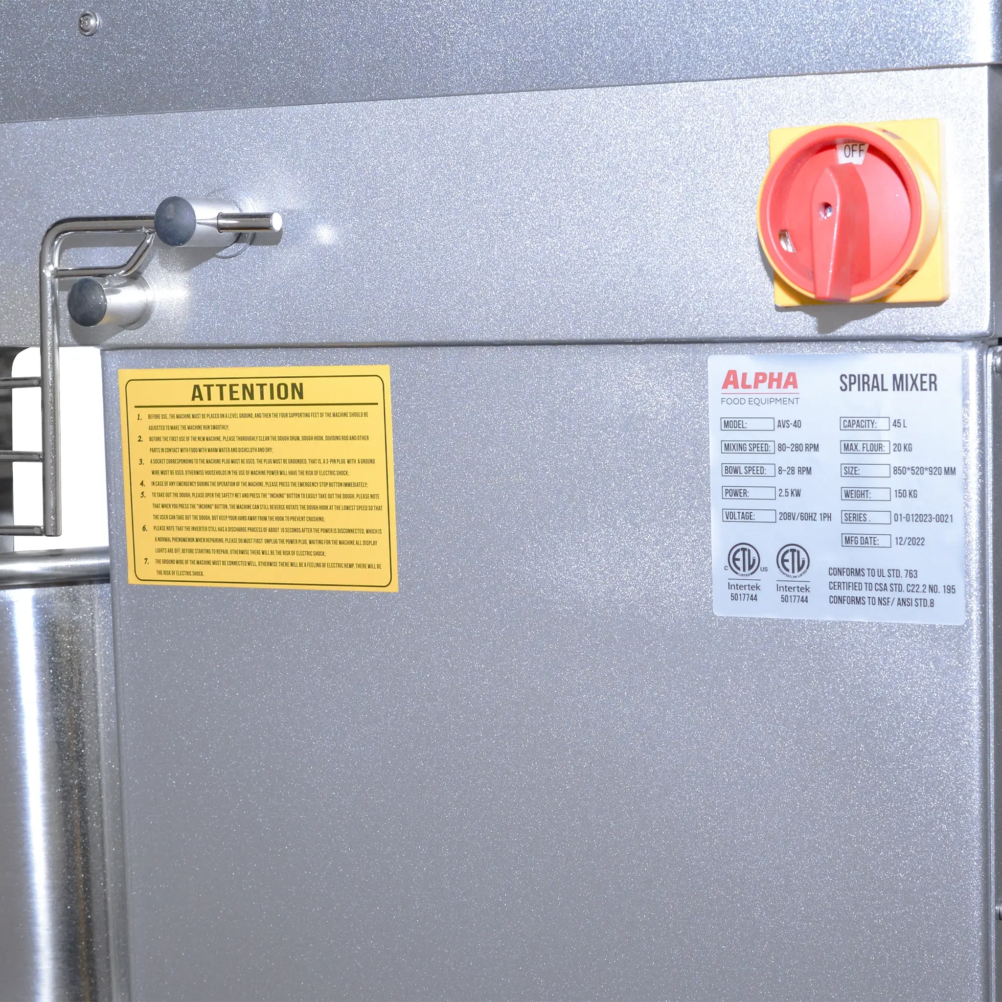 Alpha AVS-40 Ten Speed Commercial Spiral Mixer - 40Qt Capacity, 208V Single Phase - Image 3