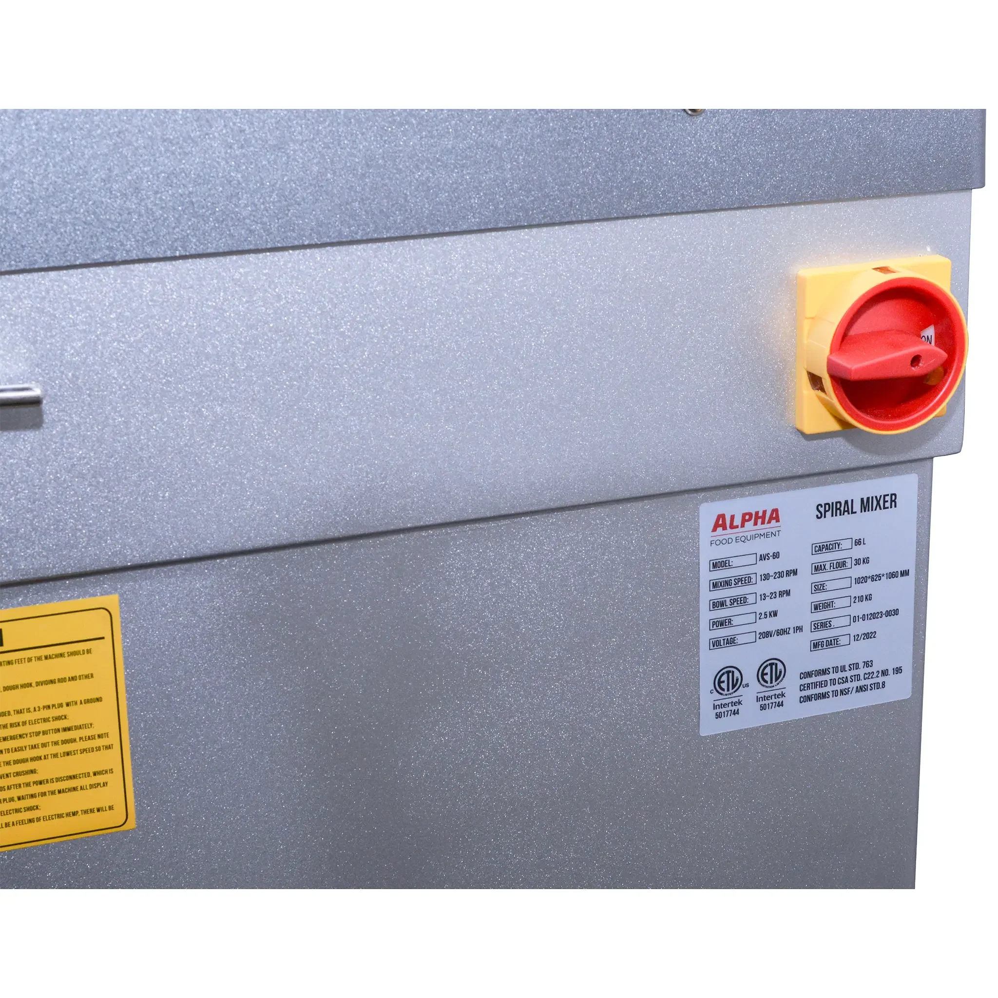 Alpha AVS-60 Ten Speed Commercial Spiral Mixer - 60Qt Capacity, 208V Single Phase - Image 6