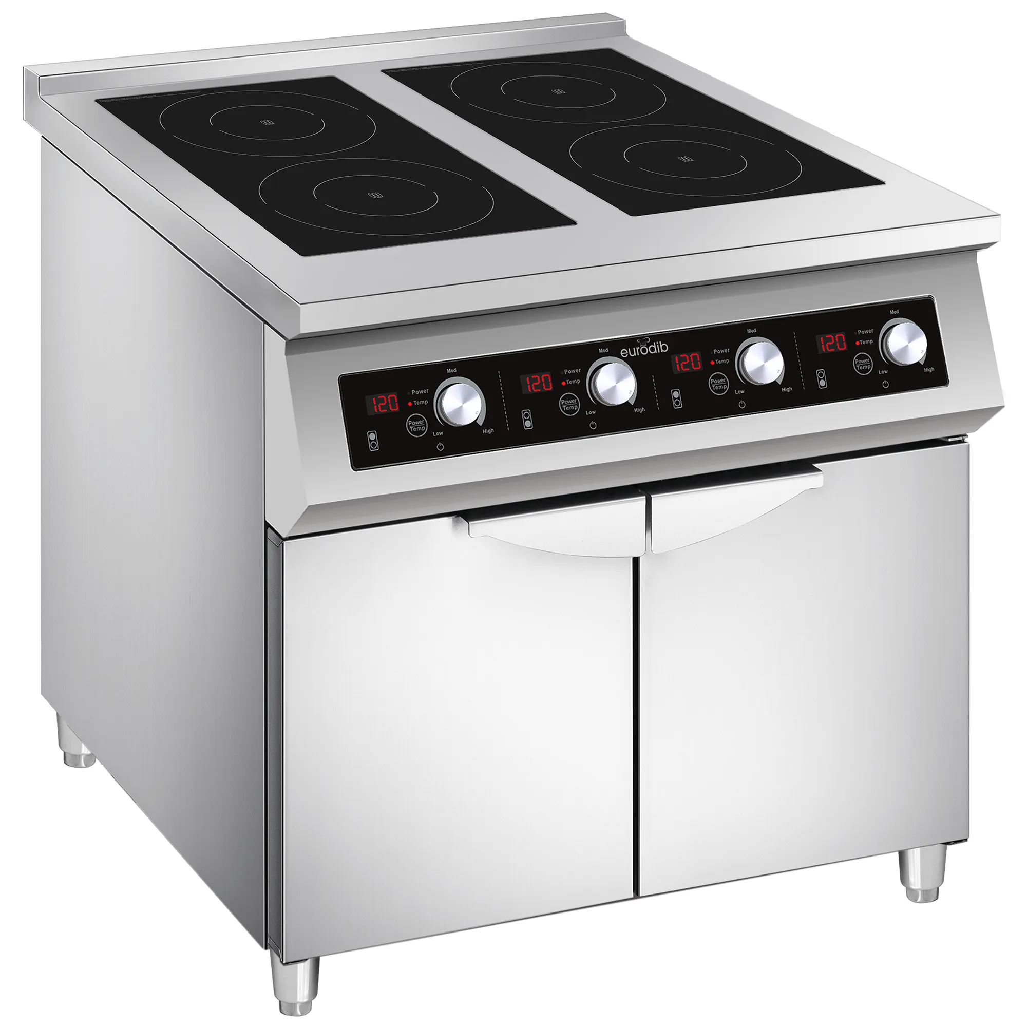 Eurodib FCIHD435D3PH Floor Model Commercial Four Burner Electric Induction Cooker with Double Cabinet - 208V, 14000W