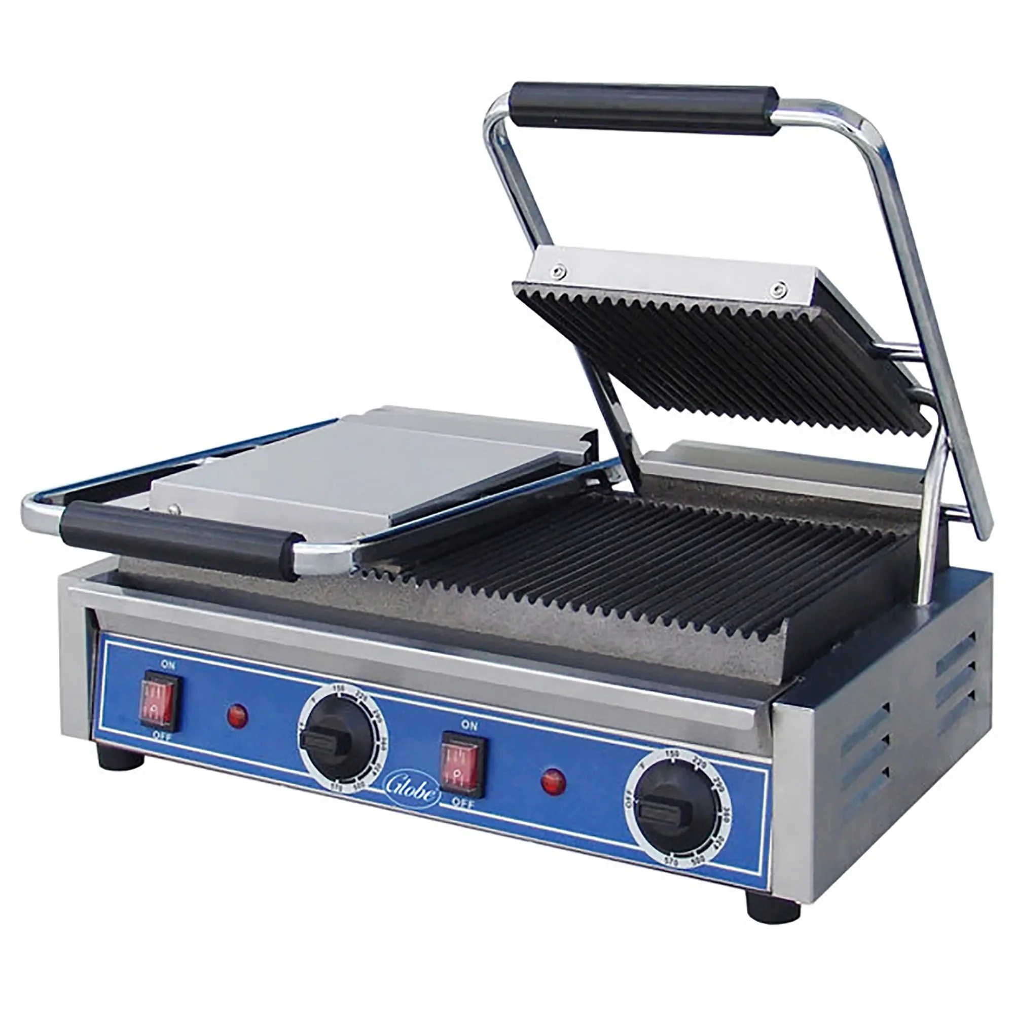 Globe GPGDUE10-C Double 18" x 9" Press Panini Grill, 240V - Ribbed Grill Surface